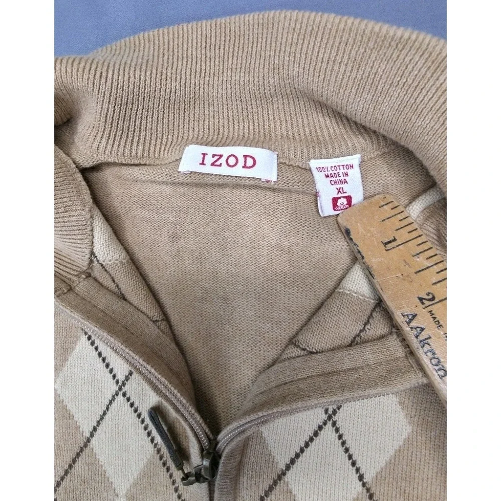 IZOD Men's Full-Zip Argyle Sweater – Size XL – Tan/Beige – 100% Cotton